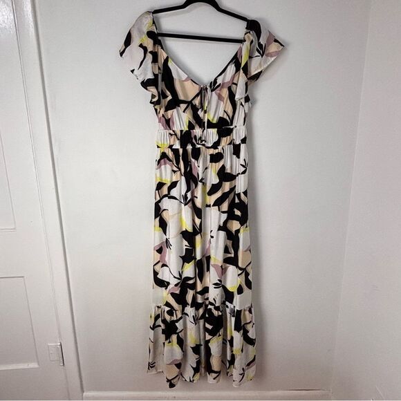 Nine West Cream & Black Floral Asían Print Maxi Dress L Milkmaid Prairie‎ Boho - Picture 1 of 14